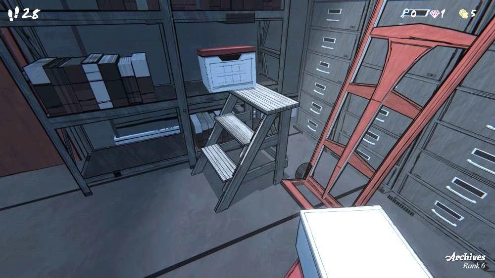 A stepstool next to a shelf of documents.