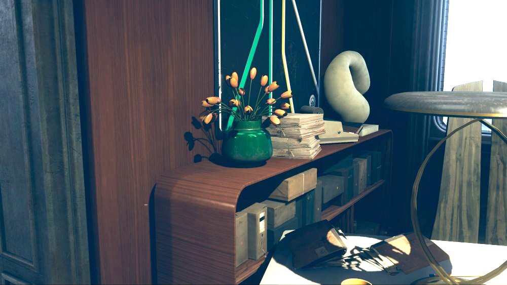 A plant on a shelf above a group of file boxes